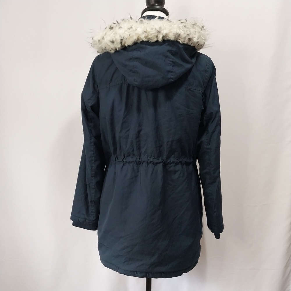 Tiffosi Navy Blue Hooded White Faux Fur Zip Up Button Down Long Sleeve Jacket M - Picture 10 of 15